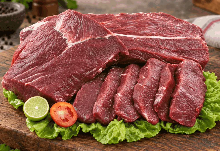 Peça e fatias de carne de sol de alcatra sobre folhas de alface, numa tábua de madeira.