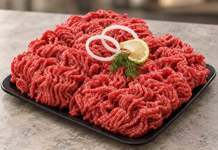 Carne bovina moída fresca numa bandeja, com rodelas de cebola, limão e endro.