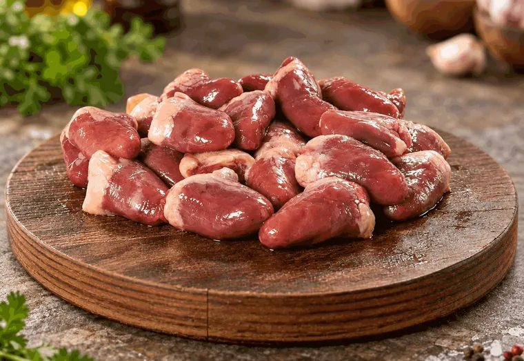 Corações de frango crus sobre tábua redonda de madeira.