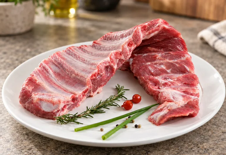 Costelinha suína crua num prato branco, com alecrim e cebolinha.