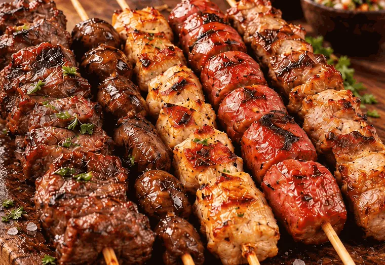 Espetinhos grelhados de carne, coração, frango e linguiça sobre tábua de madeira.