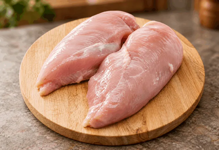 Dois filés de peito de frango crus sobre tábua redonda.