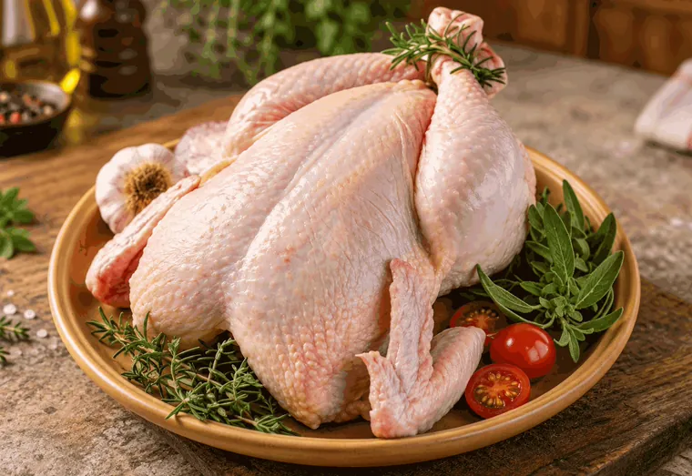 Frango inteiro cru num prato, com ervas e tomate-cereja.