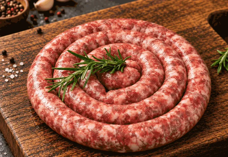 Linguiça bovina crua, enrolada em espiral sobre tábua de madeira, com alecrim.
