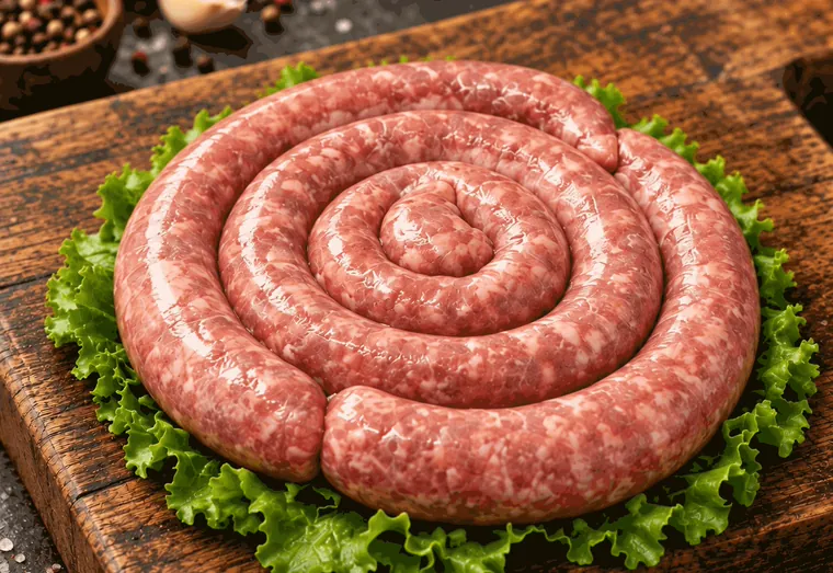 Linguiça de churrasco crua, enrolada em espiral sobre folhas de alface numa tábua de madeira.