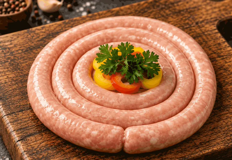 Linguiça de frango crua, enrolada em espiral sobre tábua de madeira, com pimentão e salsinha.