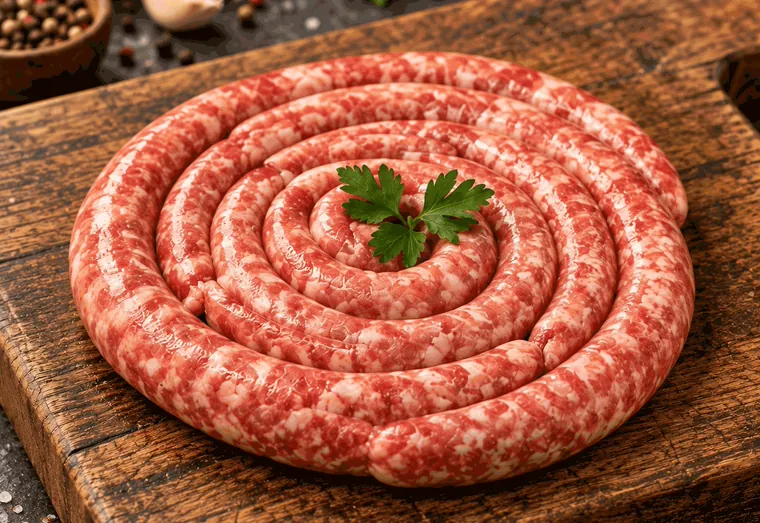 Linguiça suína fina, crua, enrolada em espiral sobre tábua de madeira, com salsinha.