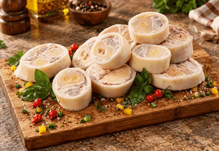 Rodelas de mocotó cruas sobre tábua de madeira, com pimenta e manjericão.