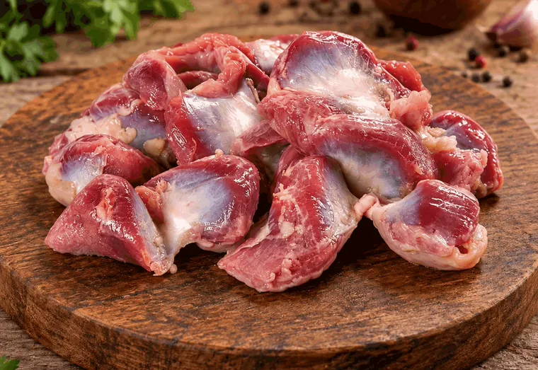 Moelas de frango cruas sobre tábua redonda de madeira.