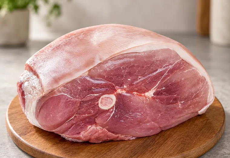 Pernil suíno com osso, cru, sobre tábua redonda de madeira.
