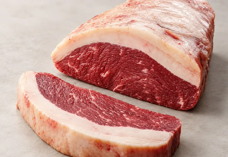 Peça de picanha crua com a capa de gordura e um bife cortado à frente.