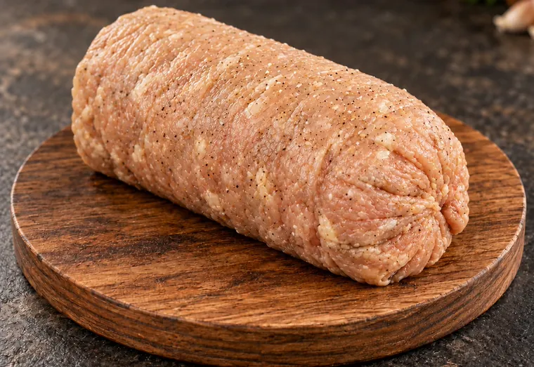 Rocambole de frango cru, temperado e enrolado, sobre tábua redonda de madeira.