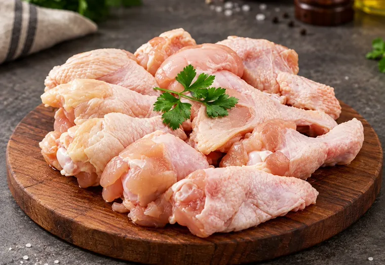 Sobrecoxas de frango cruas, com pele, sobre tábua redonda de madeira, com salsinha.